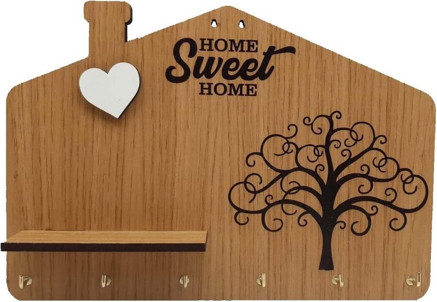 Sleutelbord van MDF-hout met het opschrift Home Sweet Home gegraveerde levensboom en hartje in reliëf met plank 6 haken hout. Geweldig cadeau-idee