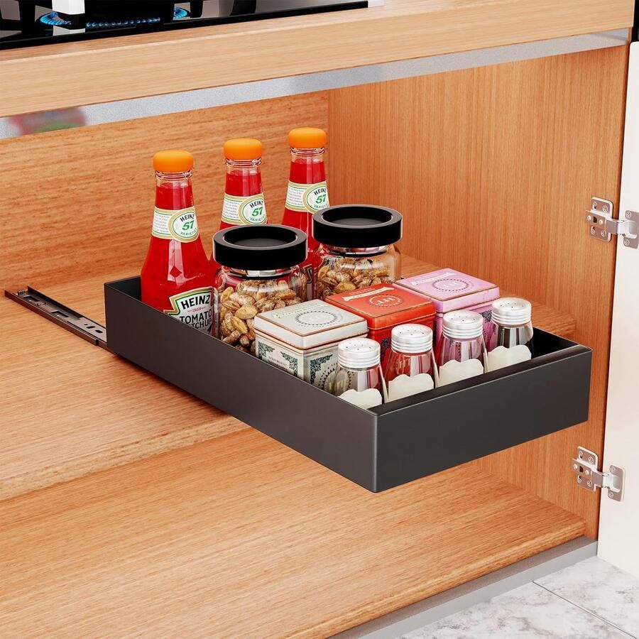 Luvetrex Uitschuifbare Telescopische Lade voor Keukenkastjes Uitrekbare Kast Organizer Zonder Boren Zwart