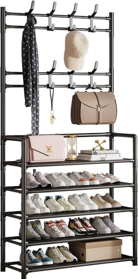 Luvetrex Veelzijdige 5-Laags Kapstok en Schoenenrek voor Hal Slaapkamer en Kantoor Vrijstaand met 8 Haken