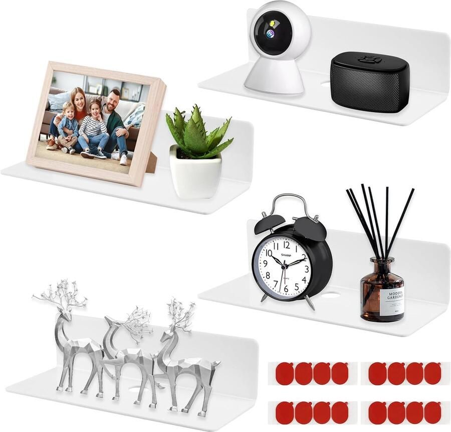 Verpakking van 4 wandplanken geen boren kleine wandplank witte zwevende plank 23 cm onzichtbare boekenkast muur acrylplank met kabelgat voor woonkamer badkamer keuken slaapkamer muur