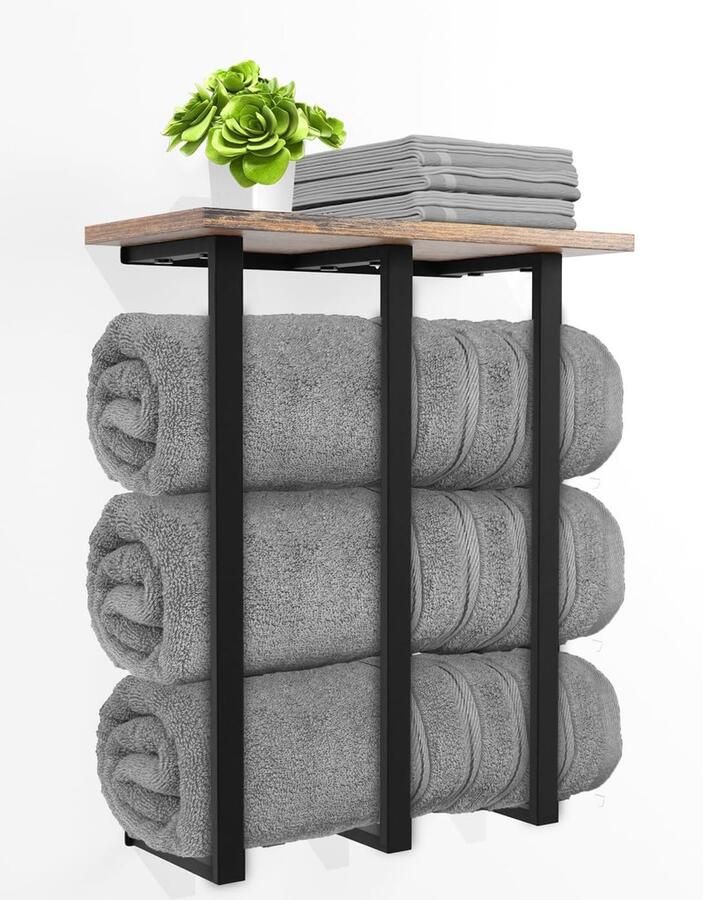 Luvetrex Wandhanddoekrek met plank badkamerhanddoekopslag voor opgerolde handdoeken perfecte organizer voor kleine badkamers 3 stevige ijzeren staven en ondersteunt 25 kg gewicht