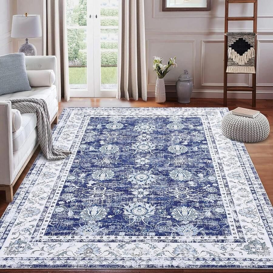 Luvetrex Wasbaar tapijt voor de woonkamer 120 x 170 cm oosters antislip used look lage pool retro vintage voor slaapkamer eetkamer thuiskantoor marineblauw