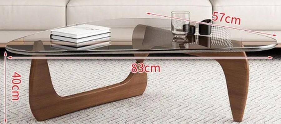 Luvlea Salontafel Middentafel Koffietafel Theetafel Organische vorm Minimalistische tafel Gehard glas Walnoot kleur Hout Glas 57x83x40