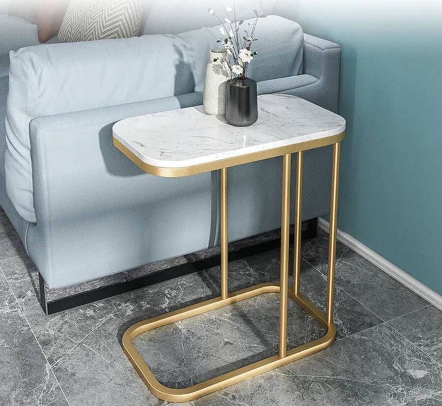 LUXALIVING Bijzettafel Salontafel Natuursteen Marmerlook Tafel Laptop tafel Nachtkastje Goud Metaal L30 x B50 x H59 cm