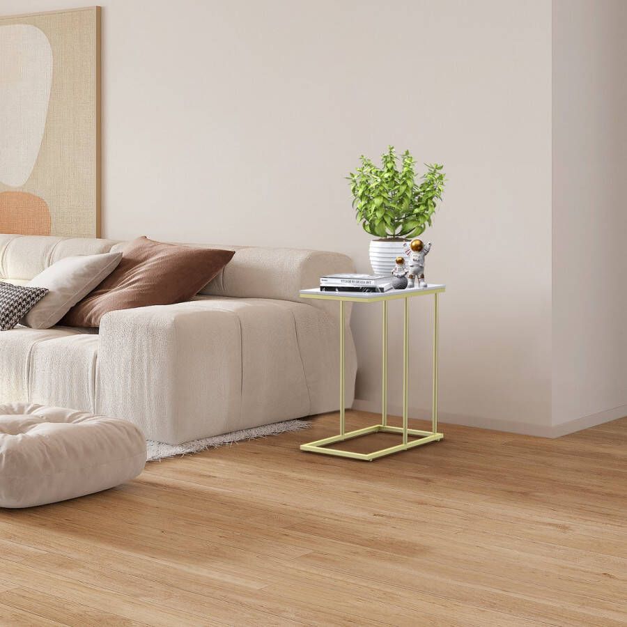LUXALIVING Bijzettafel Salontafel Natuursteen Marmerlook Tafel Laptop tafel Nachtkastje Goud Metaal L30 x B50 x H59 cm