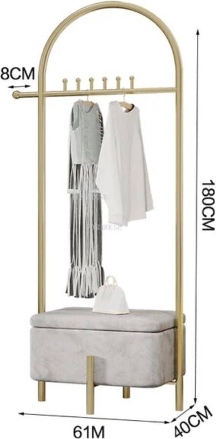 LUXALIVING Kledingrek Goud-Grijs Velvet Kapstok met opberg mand Multifunctionele kledingrek Kleding Hanger met opbergmand 5Haaks 180x61x40cm