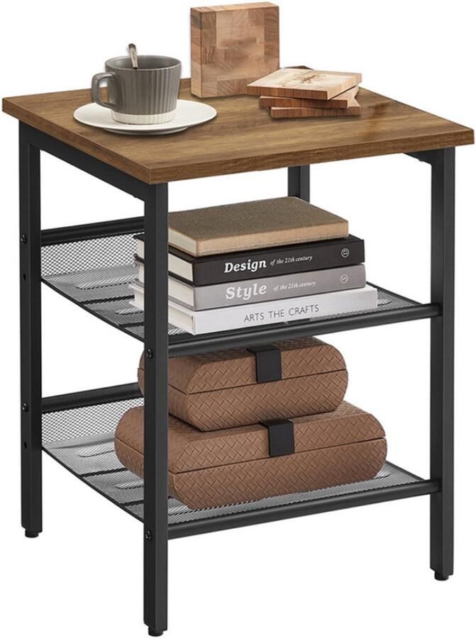 LUXALIVING Bijzettafel 40x40x55 cm Vintage Bruin & Zwart Industrieel Design Met 2 Verstelbare Roosterplanken Kleine Salontafel Banktafel Houten Bijzettafel Bijzettafels Tafel Industrieel