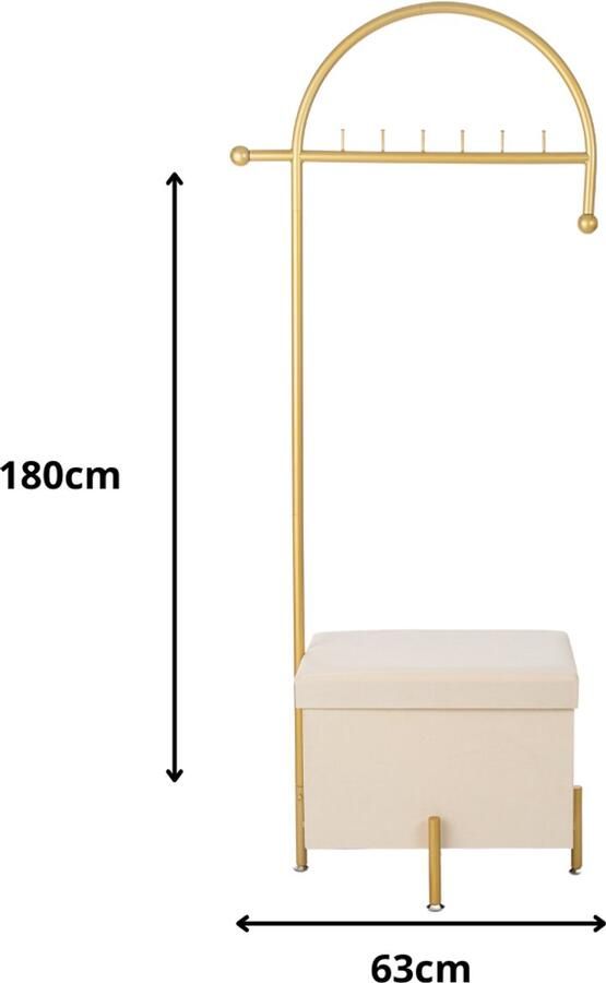 LUXALIVING kledingrek -Opberg -kapstok met bank -Kapstok met Opbergbox – Goud & Beige 180cm x 63cm Kledinghangers met opberg - Foto 2