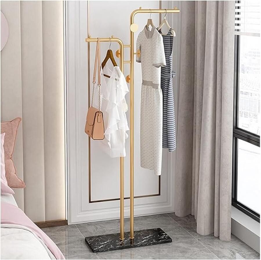LUXALIVING kapstok staand- Zwart marmeren voet -Garderoberek- Staande Kapstok -5 Haaks H170 x B60 cm Kledingrek Goud Zwart
