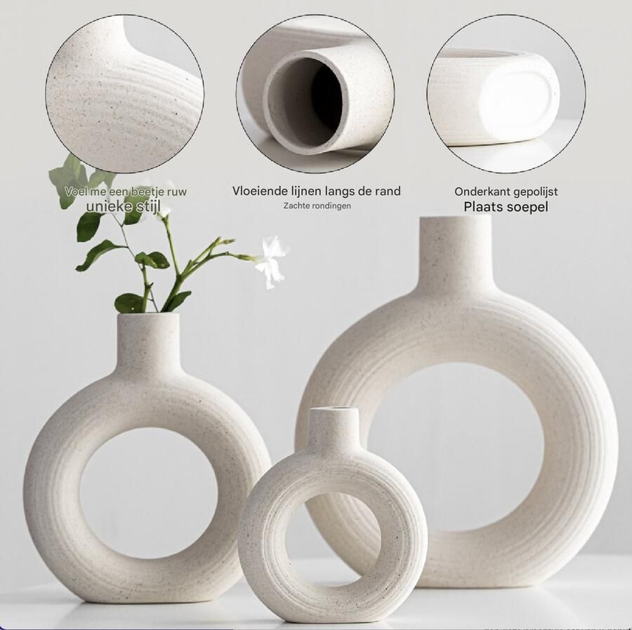 LUXALIVING Decoratieve vazen witte donut keramische vazen set 3 vaas voor pampasgras modern Scandinavische decoratie beige vaas voor woonkamer hal bruiloft vensterbank tafel feest woondecoratie