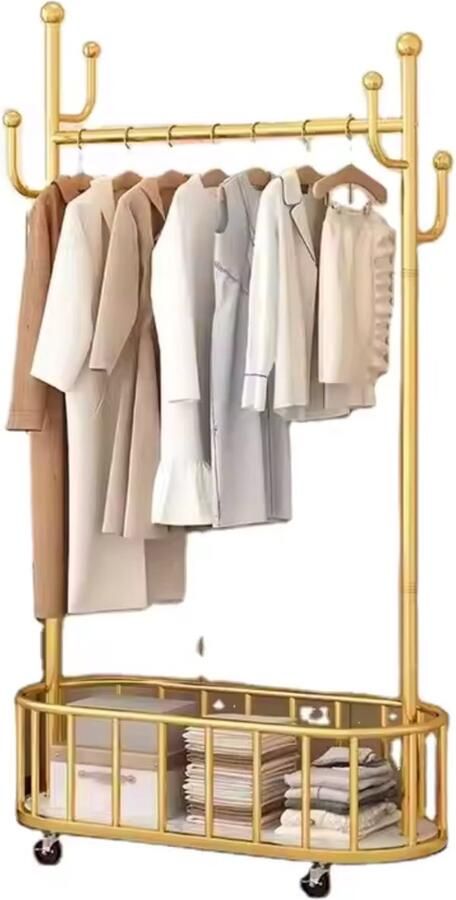 LUXALIVING -kledinghangers- Goud-Wit Kapstok met opberg mand Multifunctionele kledingrek Kleding Hanger met opbergmand -kledingrek op wieltjes 170x80x32cm - Foto 2