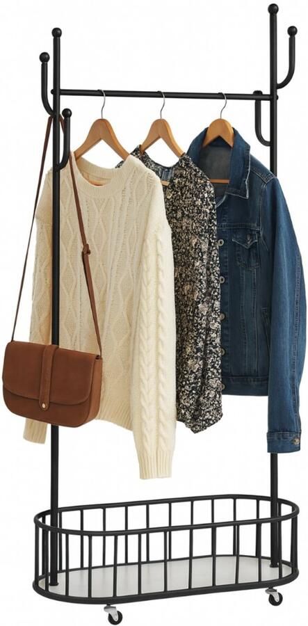 LUXALIVING -Kledinghangers-Zwart-Wit Kapstok met opberg mand Multifunctionele Kledingrek Kleding Hanger met opbergmand -kledingrek op wieltjes 170x80x32cm