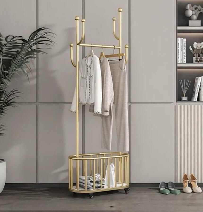 LUXALIVING -kledinghangers- Goud-Wit Kapstok met opberg mand Multifunctionele kledingrek Kleding Hanger met opbergmand -kledingrek op wieltjes 170x80x32cm - Foto 3