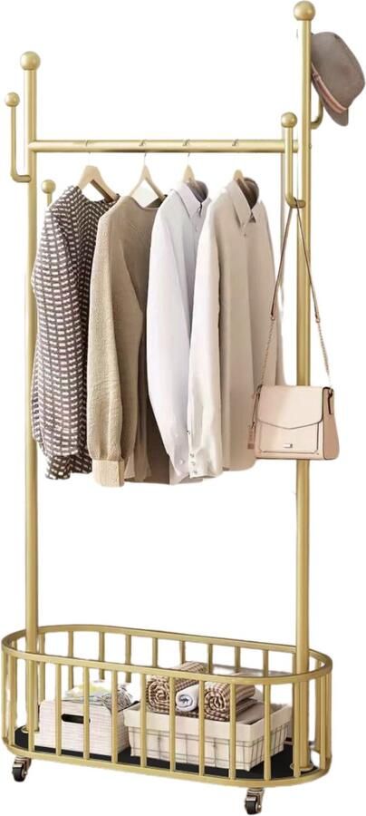 LUXALIVING Kledingrek Goud-Zwart Kapstok met opberg mand Multifunctionele kledingrek Kleding Hanger met opbergmand Kleding Trolley 170x80x32cm
