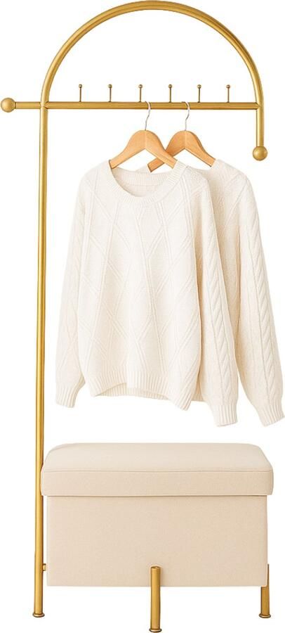 LUXALIVING kledingrek -Opberg -kapstok met bank -Kapstok met Opbergbox – Goud & Beige 180cm x 63cm Kledinghangers met opberg
