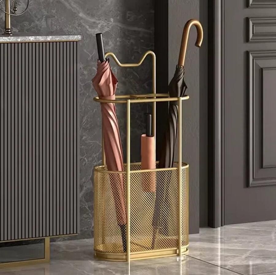 LUXALIVING Metalen Paraplubak met Lekbak- Parapluhouder Antislipvoetjes 60x28x45cm Paraplubakken Goud