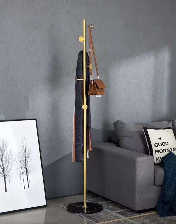 LUXALIVING Moderne Staande Kapstok metaal met Zwart Marmeren Voet 8 Haken Goud en Zwart 170x32cm