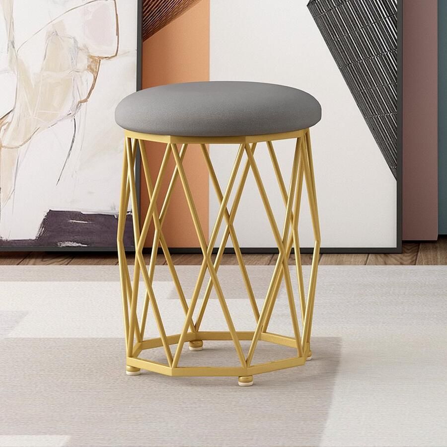 LUXALIVING Poef Goud Grijs Kaptafel Kruk- Krukje Metaal Ø 34 x H44 cm - Foto 3