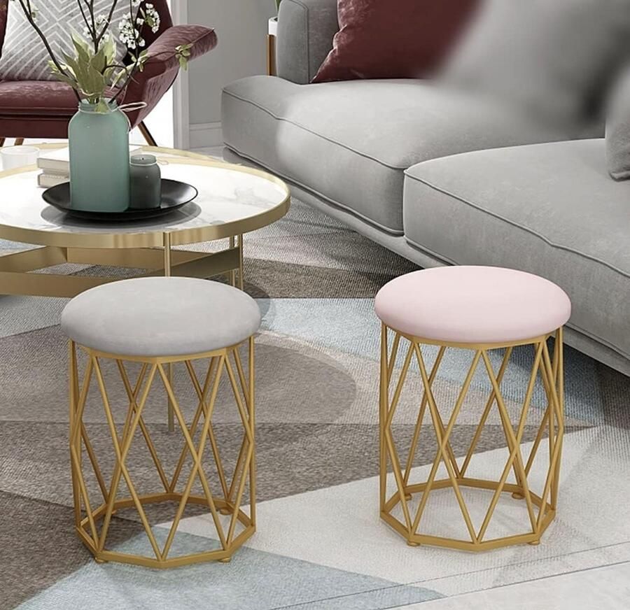 LUXALIVING Poef Goud Roze Kruk Metaal Ø 34 x H44 cm