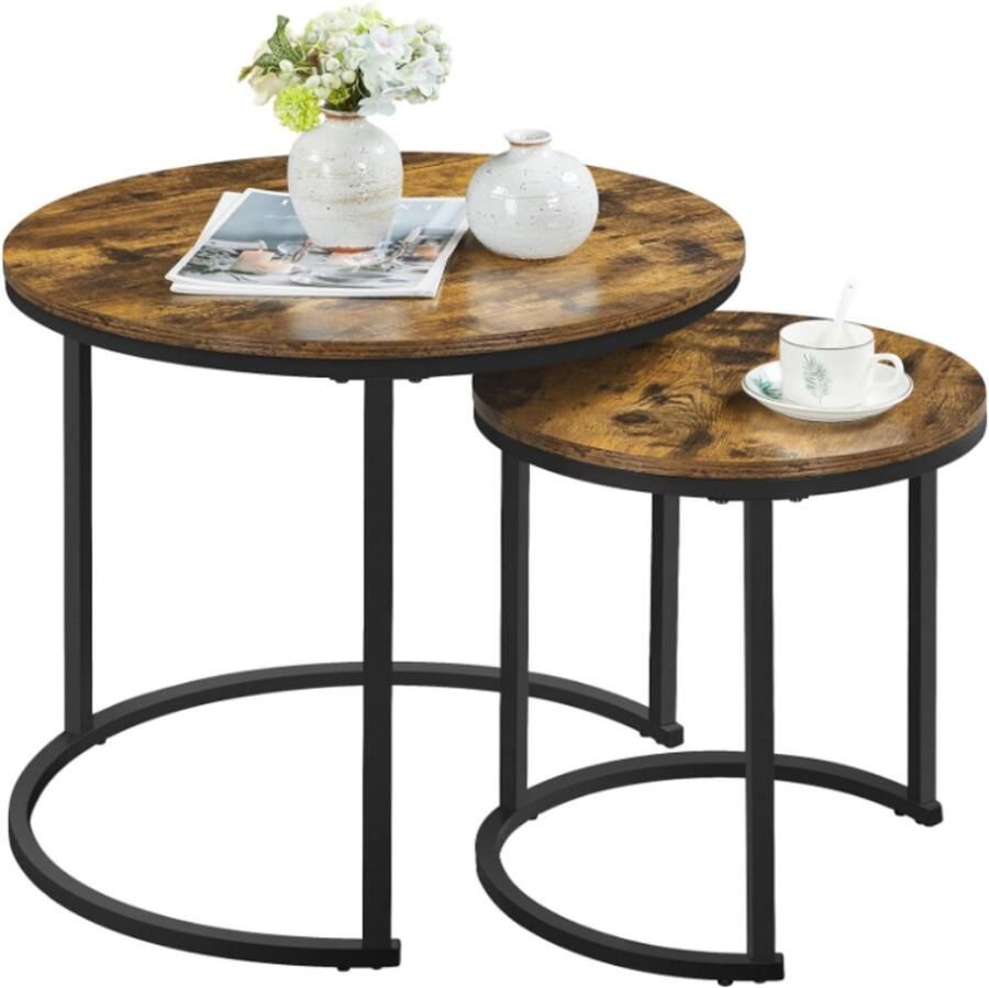 LUXALIVING Salontafel Set Rond – Antieke Ronde Houten Tafelset – Grote Tafel 58x40cm & Kleine Tafel 43x33cm – Industrieel Hout & Metaal – Bijzettafel Nesttafels