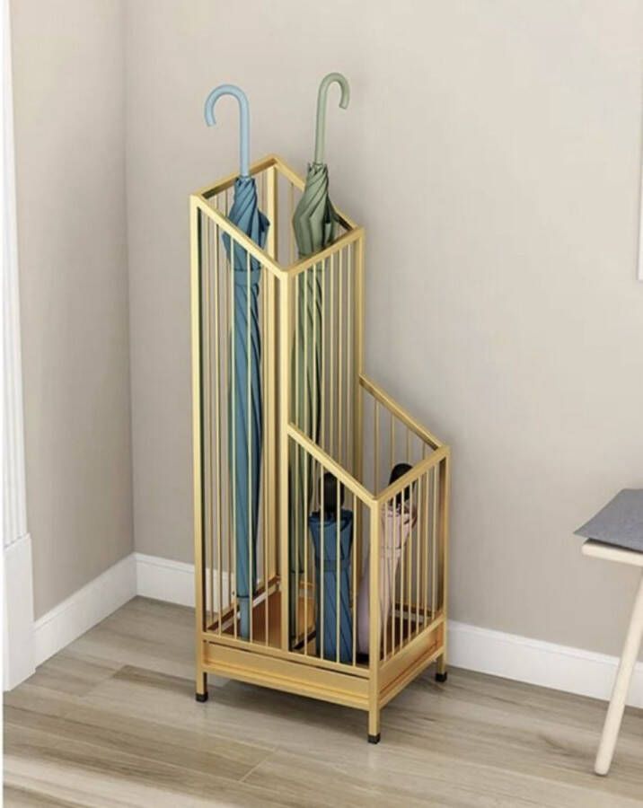 LUXALIVING Metalen Paraplubak met Lekbak- Parapluhouder Antislipvoetjes 62x25x20cm Paraplubakken Goud