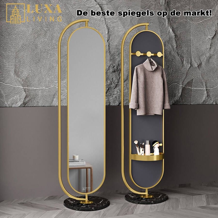 LUXALIVING Passpiegel Ovaal Goud Zwart Marmeren Voet 3 Haaks Kapstok Veiligheidsglas Slaapkamer Spiegel Goud Metaal 360º 175 x 44 CM