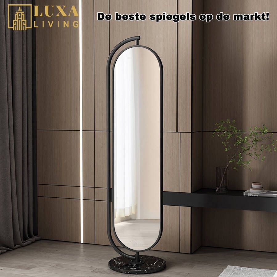 LUXALIVING Passpiegel Ovaal Zwart Marmeren Voet 3 Haaks Kapstok Veiligheidsglas Slaapkamer Spiegel Zwart Metaal 360º 175 x 44 CM - Foto 1