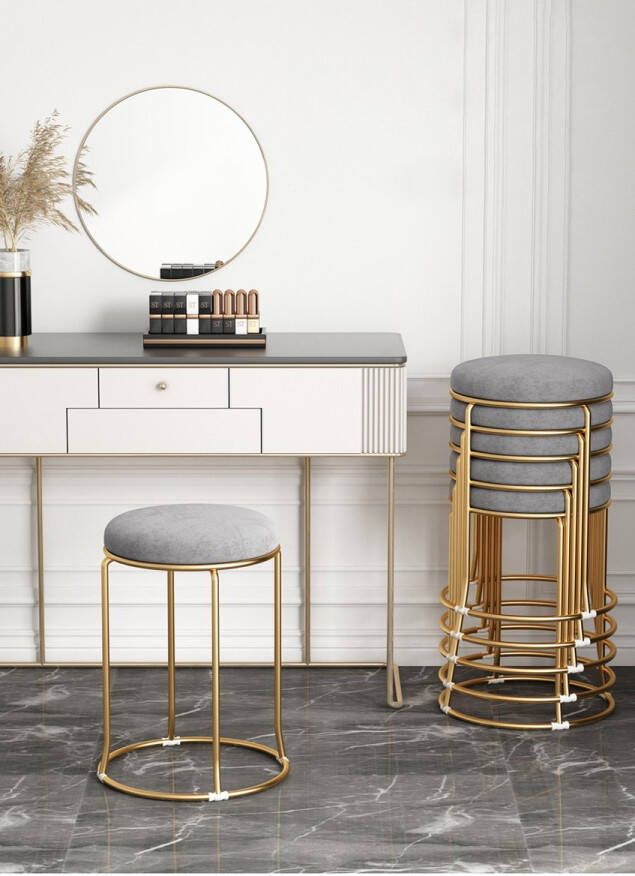 LUXALIVING Poef Grijs & Gold 2 Stuks Kruk Velvet & Metaal Ø 29 x H46 cm - Foto 2