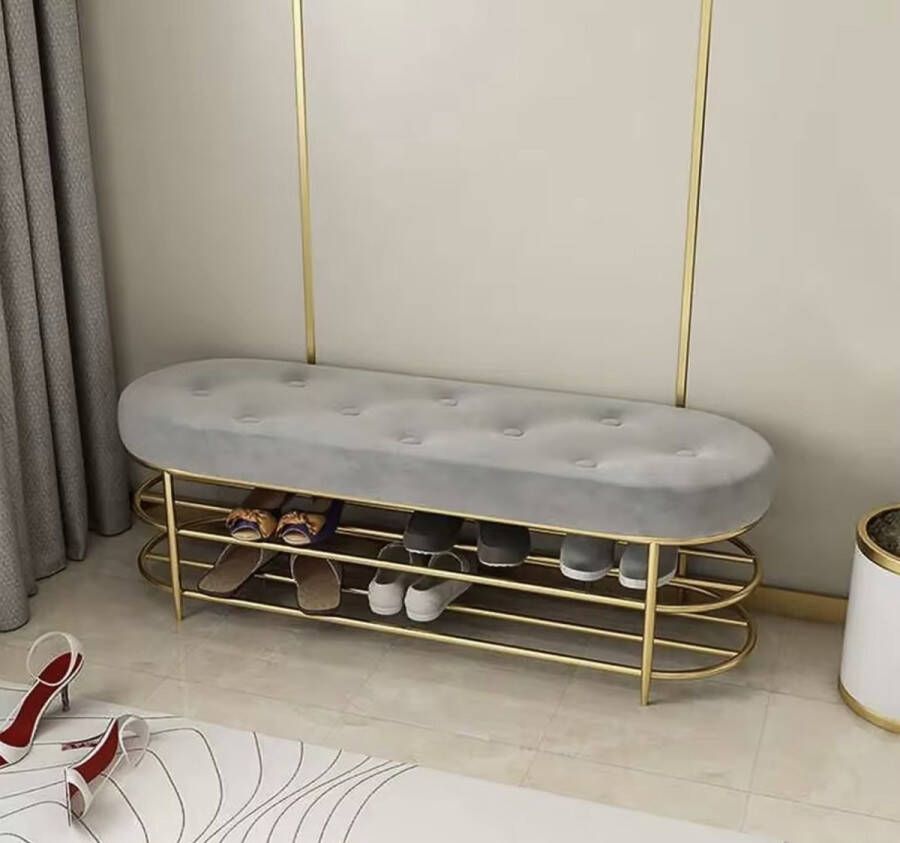 LUXALIVING Schoenbank Schoenrek Poef Velvet-Metaal Grijs Goud 80x35x45cm