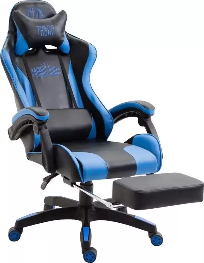 Luxe Comfort Bureaustoel Gamestoel Hoofdkussen Voetensteun Kunstleer Blauw zwart 66x58x131 cm