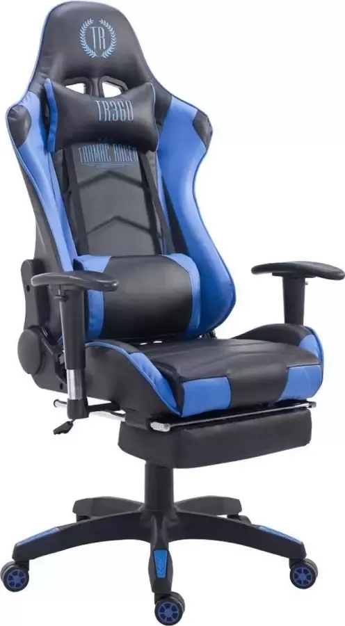 Luxe Comfort Bureaustoel Gamestoel Hoofdkussen Voetensteun Kunstleer Blauw zwart 67x174x142 cm