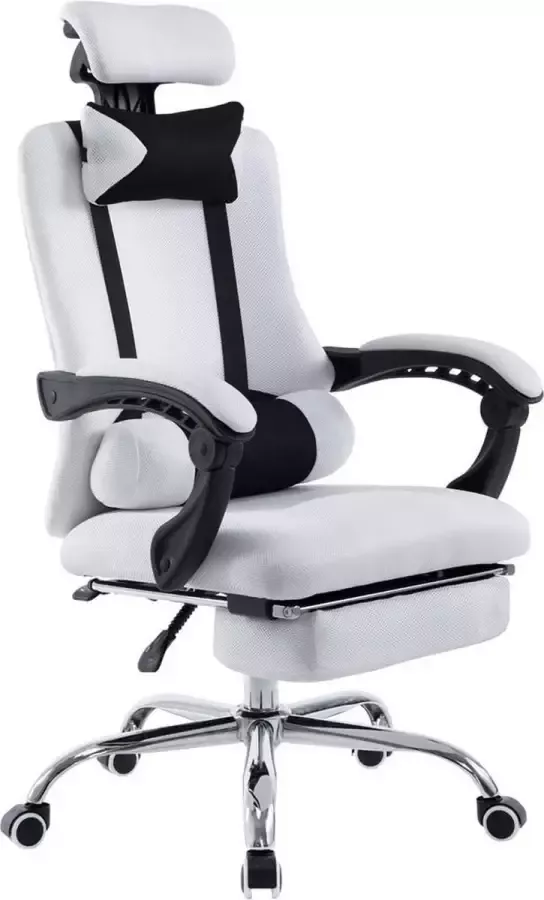 Luxe Comfort Gamestoel Bureaustoel Hoofdsteun Voetensteun Verstelbaar Stof Wit 60x155x130 cm