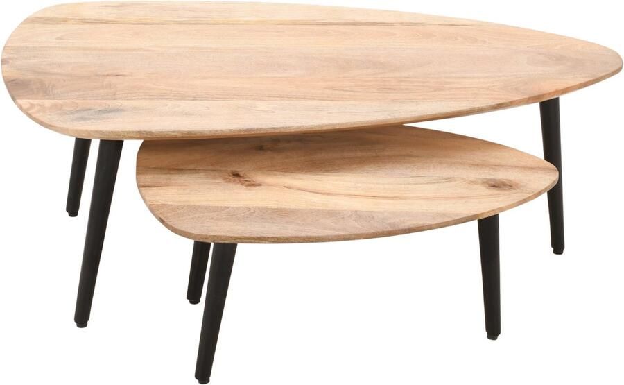 Luxekoop.nl Salontafel Mangohout Organisch Set van 2 110 cm Industrieel metalen poten Koffietafel Druppelvorm Kiezelvorm