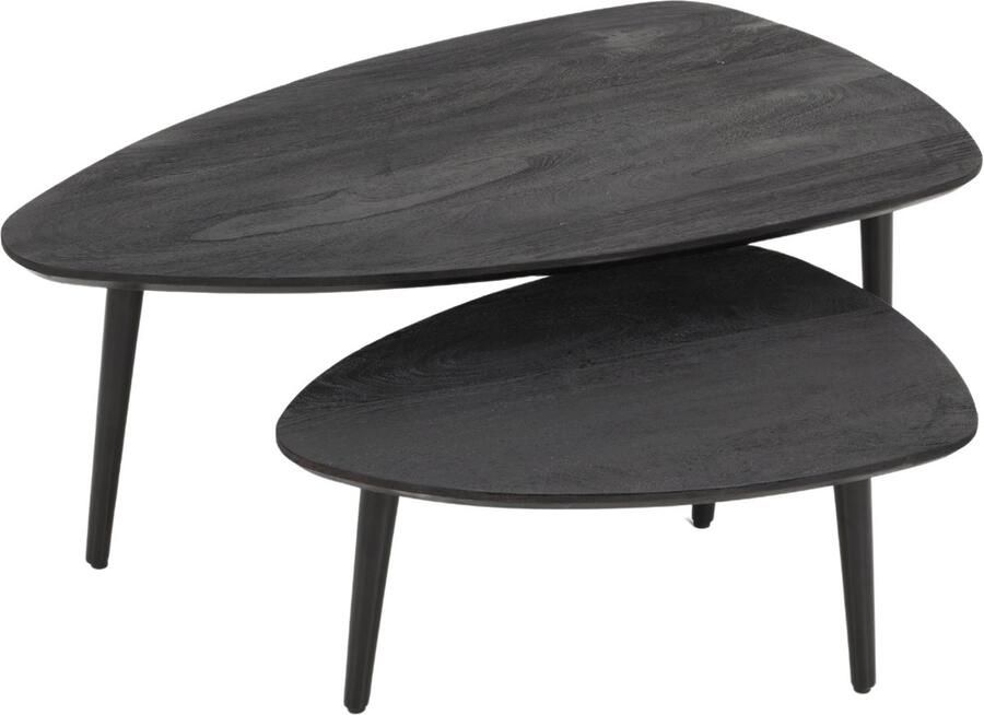 Luxekoop.nl Salontafel Mangohout Organisch Zwart Set van 2 110 cm Industrieel metalen poten Koffietafel Druppelvorm Kiezelvorm