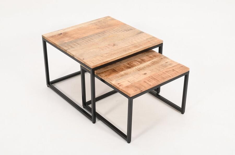Luxekoop.nl Salontafel Mangohout Vierkant Set van 2 Industrieel 60 cm en 50 cm Koffietafel