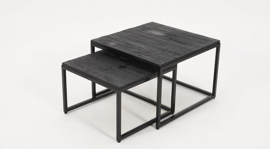 Luxekoop.nl Salontafel Mangohout Vierkant Zwart Set van 2 Industrieel 60 cm en 50 cm Koffietafel