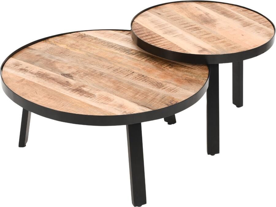 Luxekoop.nl Salontafel rond Mangohout Set van 2 ø 80 en ø 60 cm Industrieel metalen poten Koffietafel