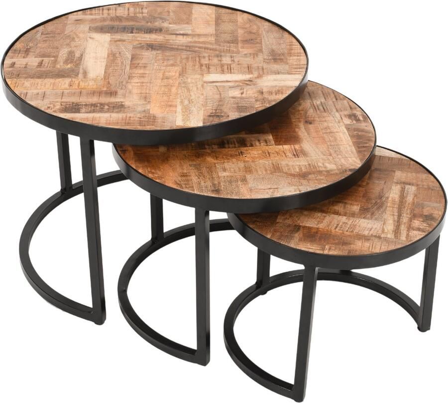 Luxekoop.nl Salontafel rond Mangohout Set van 3 ø 67 cm Industrieel Visgraat Koffietafel