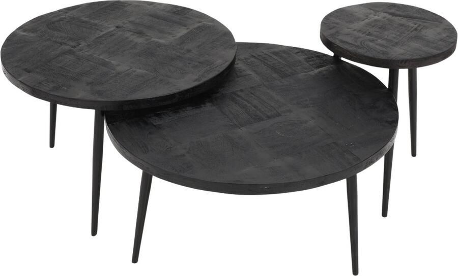 Luxekoop.nl Salontafel rond Mangohout Zwart Set van 3 ø 70 cm Industrieel Koffietafel