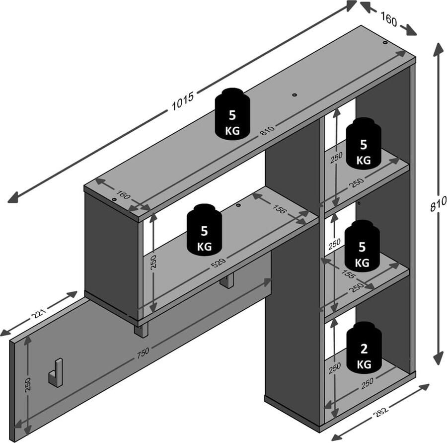 LuxeLivin' FMD Wandkapstok met 4 open vakken wit
