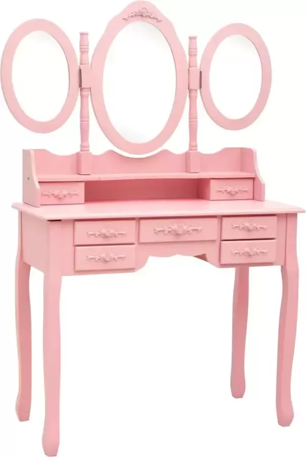 Modern life ModernLife' Kaptafel met kruk en drievoudige spiegel roze