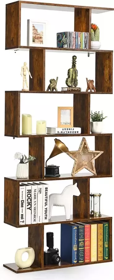 LUXGOODS 6-Laags boekenkast vrijstaande S-vormige boekenplank met anti-kantelbeveiliging houten plank voor boeken foto's en planten multifunctionele decoratieve schappen voor thuis en kantoor (Bruin)