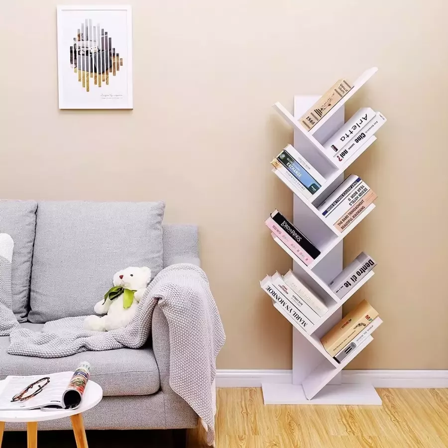Luxgoods ™ Boekenkast- 8 niveaus boomvorm- staande plank- 50x25x141.5- CD-rek van hout voor woonkamer- kantoor wit -Boekenkast Boekenrek Boekenplank