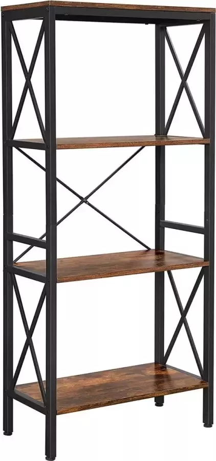 Boekenkast staand rek ladderrek keukenrek met 4 open planken hal keuken kantoor stabiel stalen frame industrieel design vintage bruin-zwart