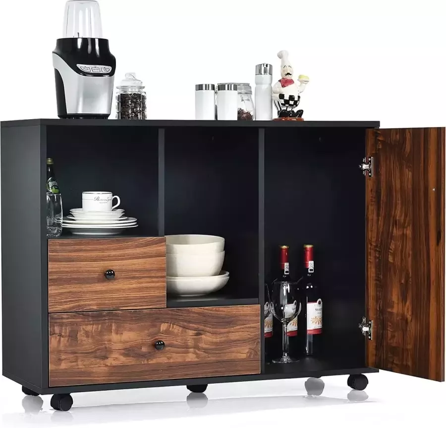 LUXGOODS Industriële rollende opbergkast retro-stijl draagbare dressoir kant opbergkast met opslaande deur 2 open compartimenten en 2 laden keuken buffet commode voor thuis en op kantoor