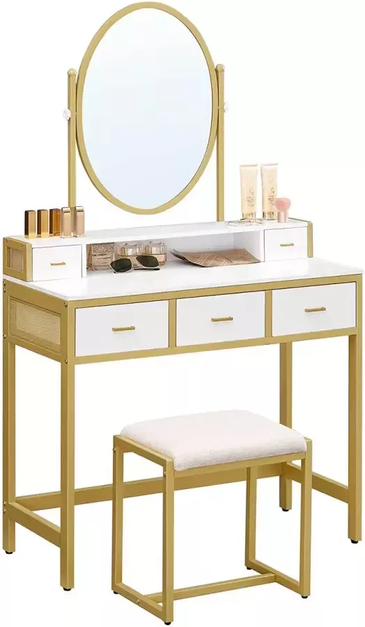 Kaptafel met kruk make-uptafel met ovale spiegel en open compartiment moderne lades voor slaapkamer kleedkamer witgoud RVT006A10