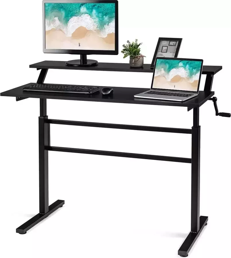LUXGOODS 2-laags in hoogte verstelbaar bureau zit-sta-werkstation met monitorplank ergonomische computer tafel voor thuiskantoor (Zwart)