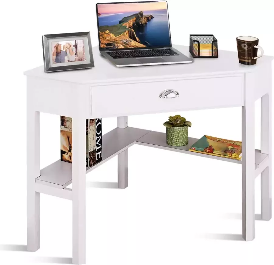 LUXGOODS Bureau Hoekbureau Houten L-vormig computerbureau Compacte Schrijftafel met Lade & Planken Ruimtebesparend Werkstation Laptop PC hoek Tafel Meubilair voor thuiskantoor (Wit)