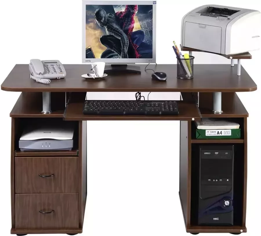 LUXGOODS computertafel- bureau kantoortafel werktafel PC-tafel met toetsenbordlade laden printerplank 120 x 55 x 85cm (Bruin)