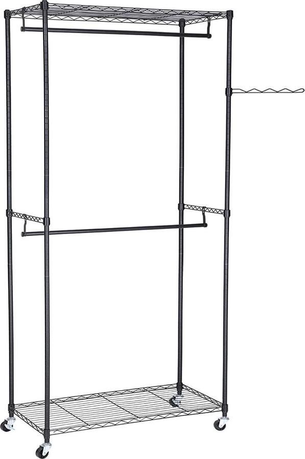 Luxgoods ™ Kledingkast op wieltjes kledingrek van metaal kapstok met 2 kledingstangen en 2 verstelbare planken 90 x 45 x 200 cm zwart LGR60P